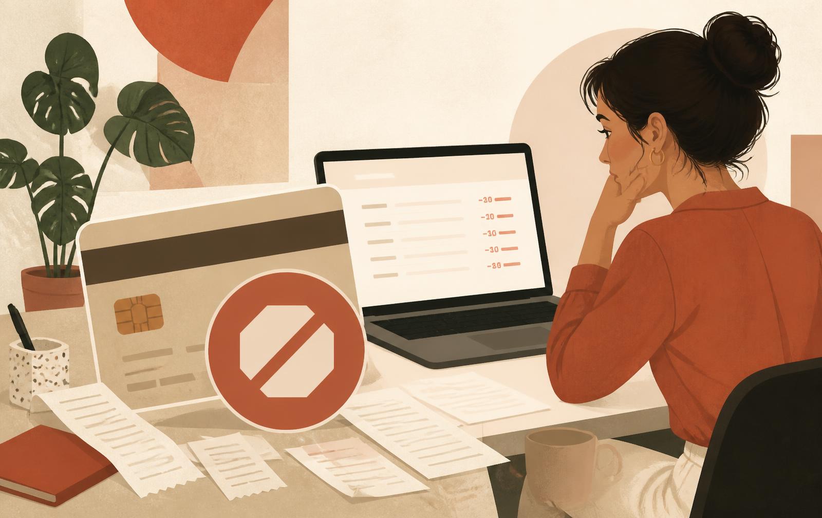 Illustration: Frau prüft ihr Online-Banking, Bankkarte mit Stoppsymbol und rote Minusbeträge im Hintergrund